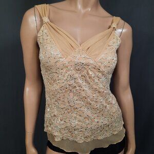 Y2K Fairy Boho Top Beige Nude Lace Sequined Sleeveless Layered V Neck Size S